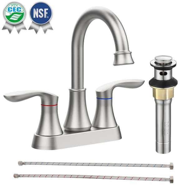 4 in. Centerset Double Handle High Arc Bathroom Faucet with Drain Kit Included and Pop-up Drain in Brushed Nickel