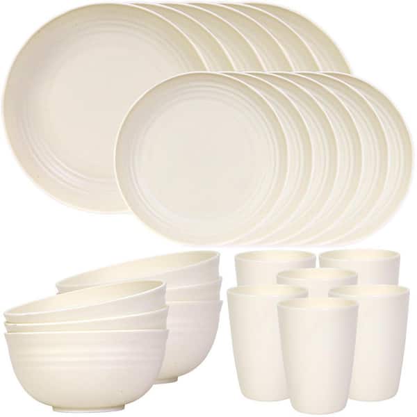 Camping and RV Series24-Piece Unbreakable Plastic Dinnerware Set -Dishwasher and Microwave Safe in Beige (Service for 6)