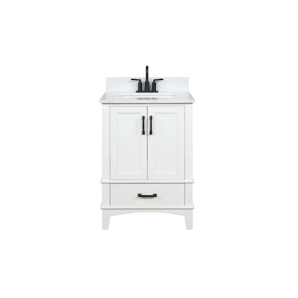 Runfine Emily 24 in. W x 22 in. D x 34 in. H Bath Vanity in White with Carrara Engineered Stone Top with White Basin