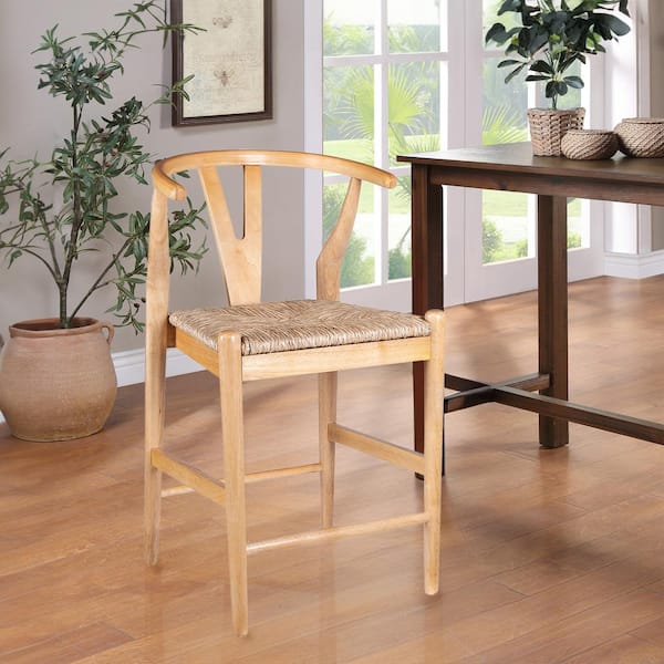 Boraam Wishbone 24in. High Back Wood Kitchen Bar Stool with Rush Seat-Natural Finish-1 Bar Stool