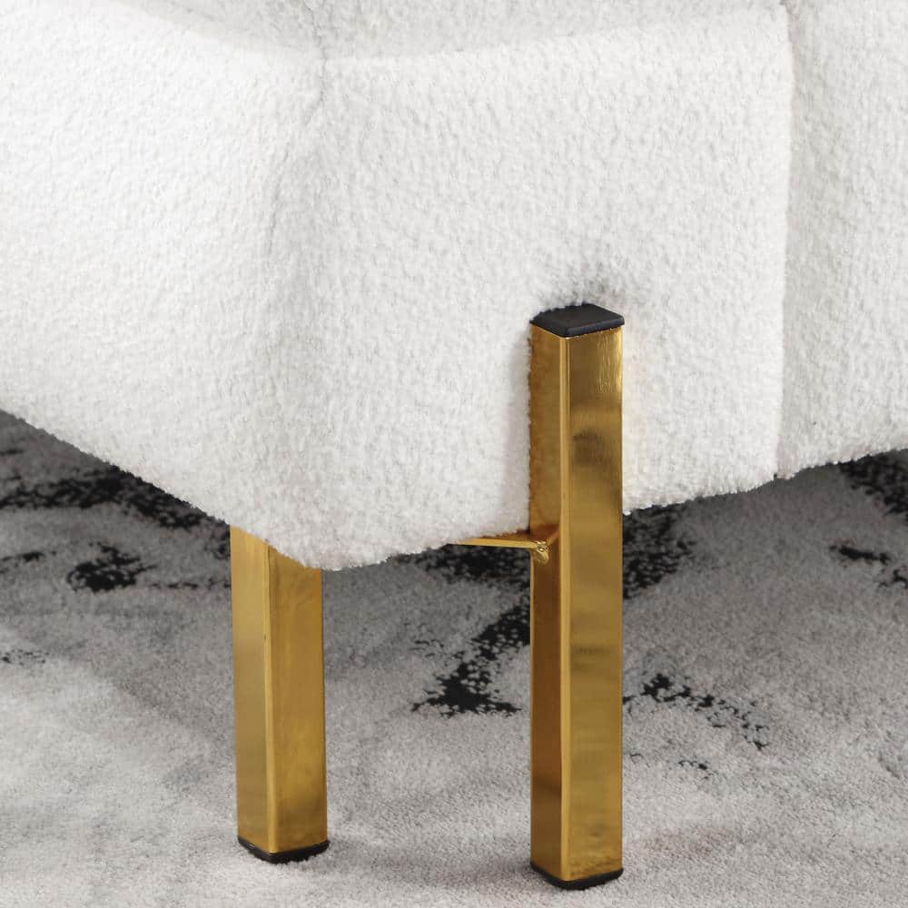 Luxurious White Boucle Fabric Sofa and Loveseat Set with Gold Legs