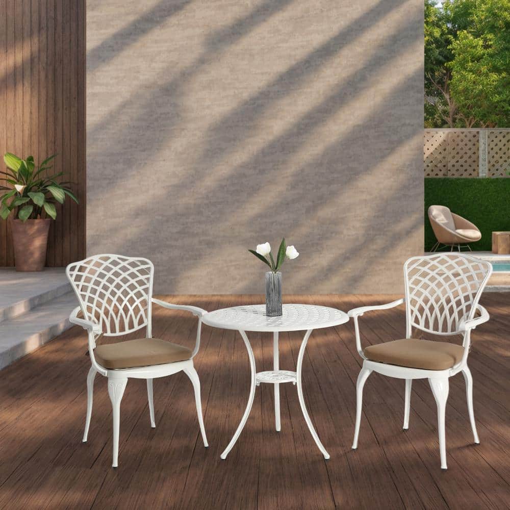 3 Piece Aluminum Outdoor Bistro Set with Umbrella Hole, Brown Cushions