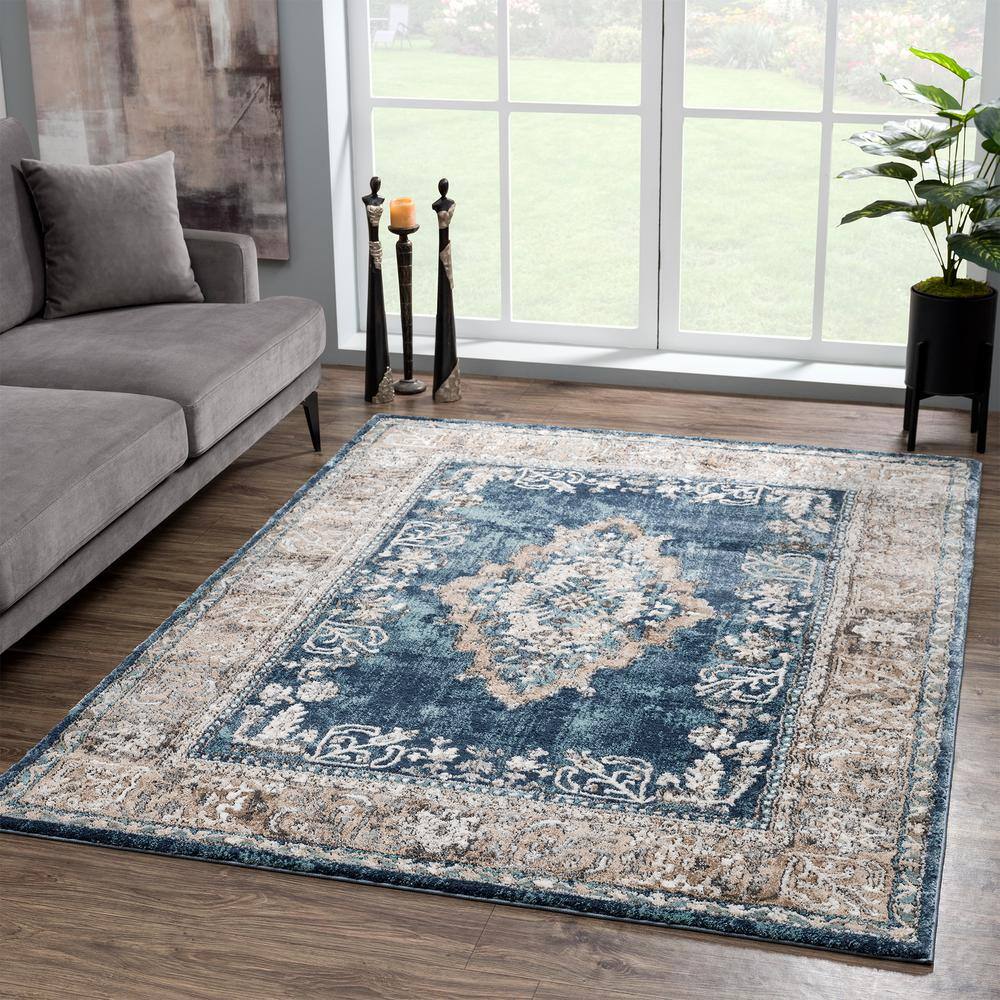 Sky Blue High Pile Stain-Resistant Synthetic Area Rug 5' x 7'