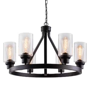 6-Light Black Chandelier, Vintage Candle Farmhouse Ceiling Pendant Light with Glass Shade for Dining Room Living Room