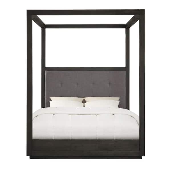 Modus Furniture Oxford Dark Wood Basalt Grey Queen Canopy Bed with Platform Bed Mattress Support