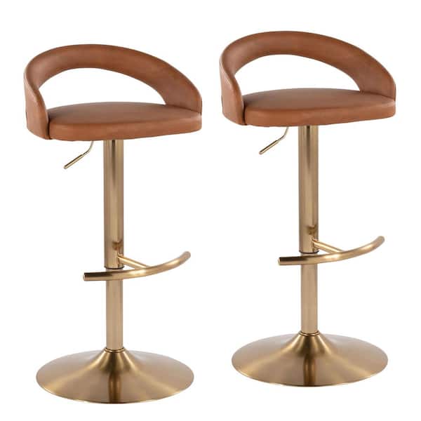 Grotto Upholstered 39 in. Gold Metal and Camel Faux Leather Adjustable Bar Stool (Set of 2)