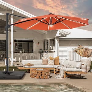 11 ft. Round Solar LED Aluminum 360-Degree Rotation Cantilever Offset Outdoor Patio Umbrella with a Base in Red