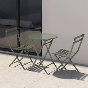 3 Piece Metal Outdoor Bistro Set with Foldable Round Table and Chairs Dark Green