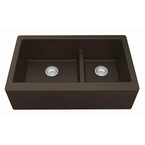Farmhouse/Apron-Front Quartz/Granite Composite 34 in. Double Offset Bowl Kitchen Sink in Brown