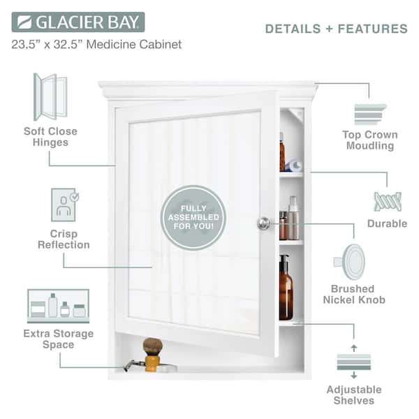 Glacier Bay 23-1/2 in. W x 32-1/2 in. H Framed Surface-Mount Bathroom Medicine Cabinet with Mirror, White