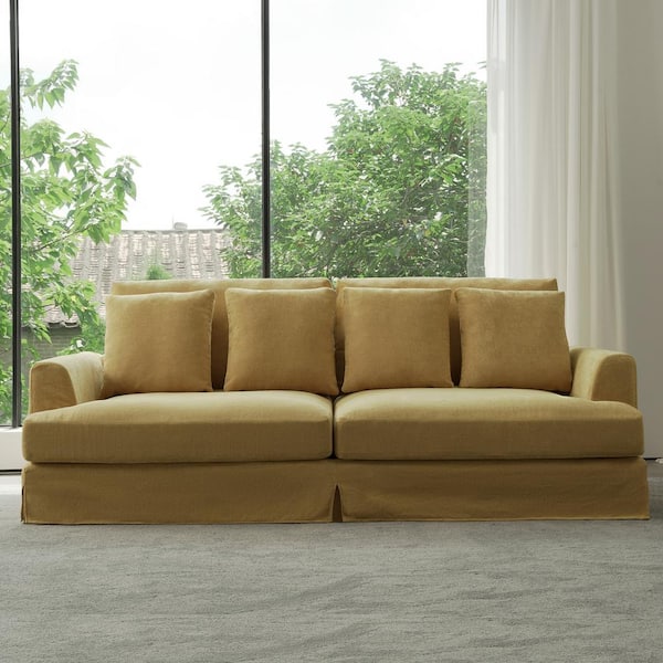 Lesly 102 in. Wide Lazy Style Square Arm Cotton and Linen Fabric Removable Covers Rectangle 2-Seater Sofa in Yellow
