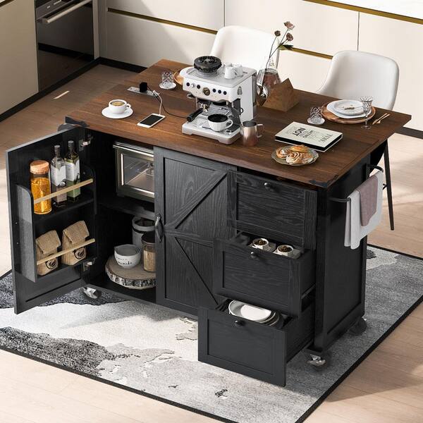 Polibi 54.9 Kitchen Island With Drop Leaf - Built-in Charging Station, Cross Barn Doors, Glass Panel, 4 Wheels, White