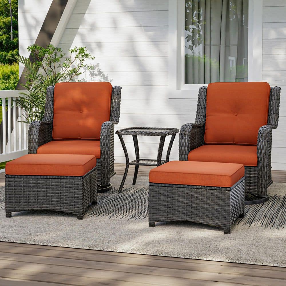5-Piece Patio Brown Wicker Frame Outdoor Conversation Sets with Orange Cushions 2 Rocking Chairs, 2 Ottomans and 1 Table price history on PriceWatchPro