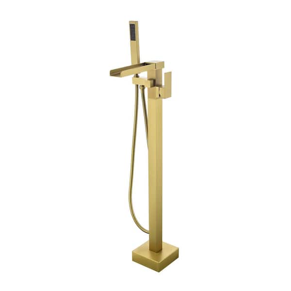 AIMADI Single Handle Waterfall Freestanding Tub Faucet with Hand Shower Brass 1-Hole Floor Mounted Tub Filler in Brushed Gold