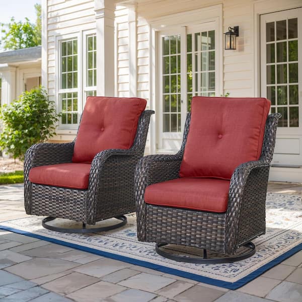 Modern Farmhouse 3-Piece Brown Wicker Patio Conversation Set with Olefin Red Cushions and Swivel Gliders/Side Tables