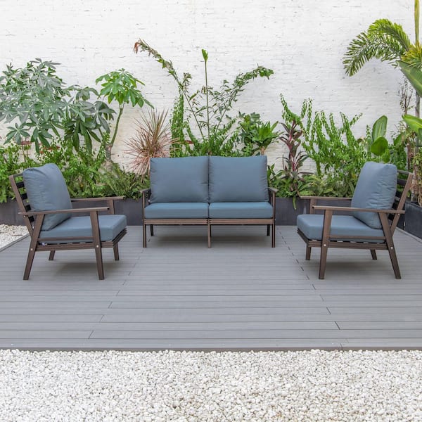 Leisuremod Walbrooke Brown 3-Piece Aluminum Patio Set with Removable Navy Blue Cushions Loveseat and Armchairs (Set of 2)
