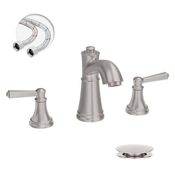 BWE 8 in. Waterfall Widespread 2-Handle Bathroom Faucet With Pop-up Drain Assembly in Brushed Nickel