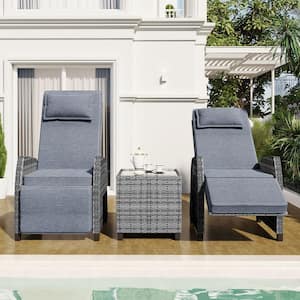 (Set of 3) 2-Person Adjustable Wicker Outdoor Recliner Chair with Leg Rest, Coffee Table, and Grey Thick Cushion