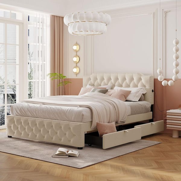 Beige Wood Frame Queen Size Platform Bed with 2 Drawers and 2 sets of USB Ports on each side