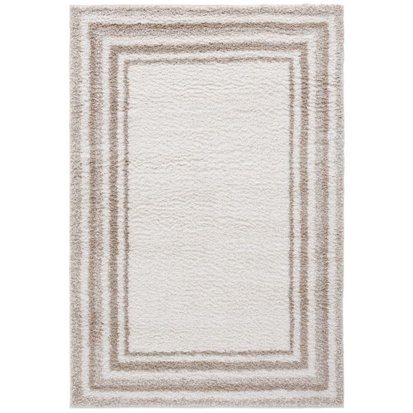 SAFAVIEH Border and Stripe Shag 4 ft. x 6 ft. Ivory/Beige Concentric Border Area Rug