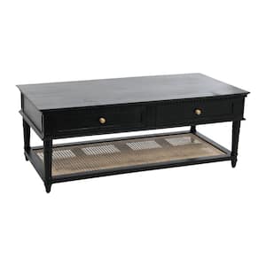Maxwelton 48 in. Black Rectangle Acacia Wood and Cane Coffee Table with Drawers