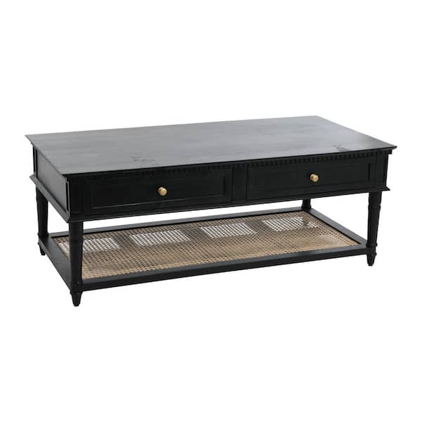 Storied Home Maxwelton 48 in. Black Rectangle Acacia Wood and Cane Coffee Table with Drawers