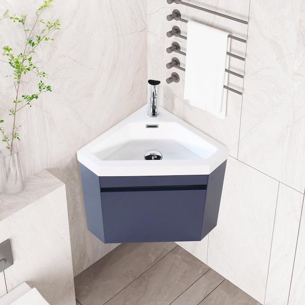 12.8 in Single Bowl Corner Wall Mounted Bath Vanity in Blue with Ceramic Sink in White with Overflow