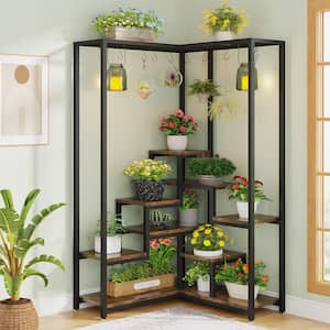 70.9 in. Brown L-shaped Engineered Wood Indoor Plant Stand with 8-Tier Corner Plant Shelf