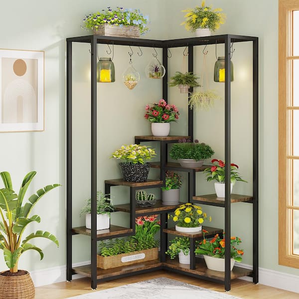 BYBLIGHT 70.9 in. Brown L-shaped Engineered Wood Indoor Plant Stand with 8-Tier Corner Plant Shelf