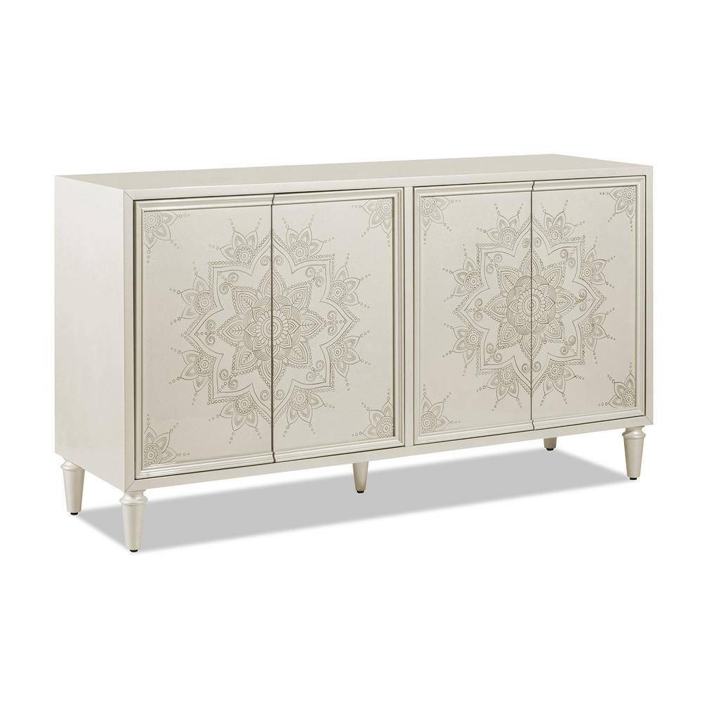 Front view of the Mahal ivory lacquered sideboard with hand-painted mandala designs.