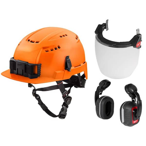 Milwaukee BOLT Orange Type 2 Class C Front Brim Vented Helmet Arborist Kit w/BOLT Clear Coat Lens Full Face Shield and Ear Muffs