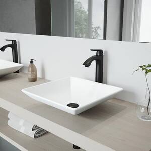 Matte Stone Hibiscus Composite Square Vessel Bathroom Sink in White with Linus Faucet and Pop-Up Drain in Matte Black