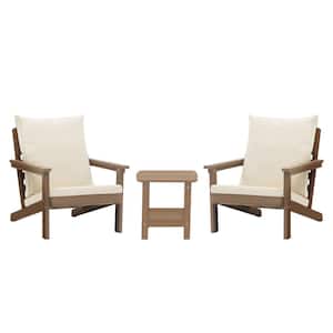 Brown 3-Piece Wood Grain Plastic Patio Conversation Set with Beige Thickened Cushions