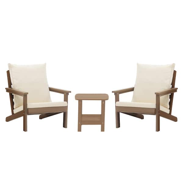 Clihome Brown 3-Piece Wood Grain Plastic Patio Conversation Set with Beige Thickened Cushions