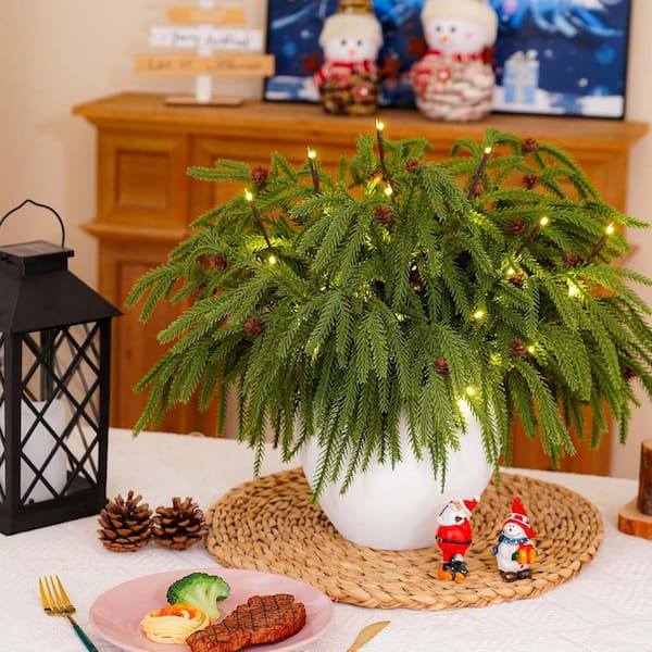 18 in. Green Norfolk Pine Artificial Xmas Branches with Pine Cones, 12-Pcs Norfolk Pine Branches with Branch Lights