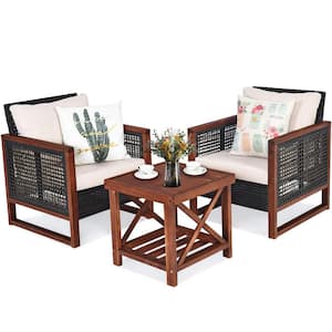 3-Pieces Wicker Outdoor Patio Conversation Set with Wooden Frame and Beige Cushion