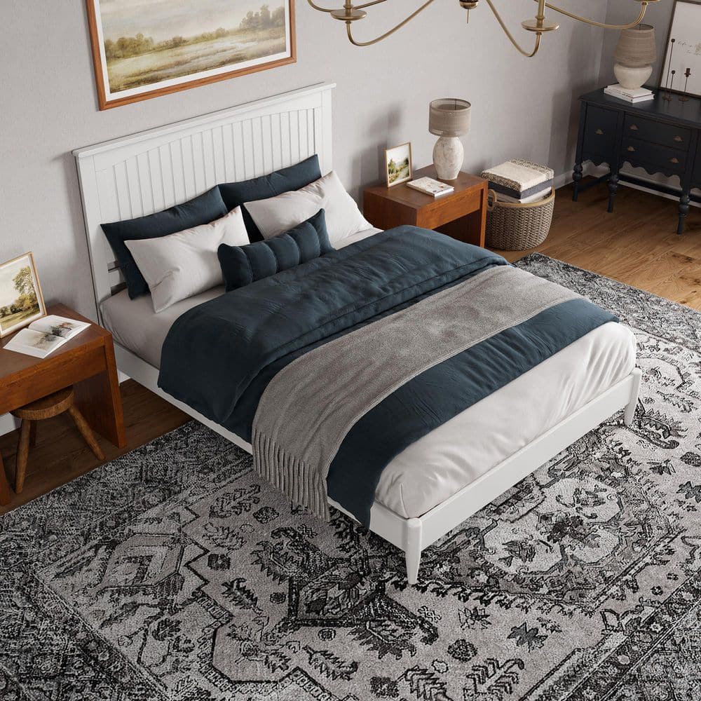 Naples White Queen Wood Low Profile Platform Bed with Slats
