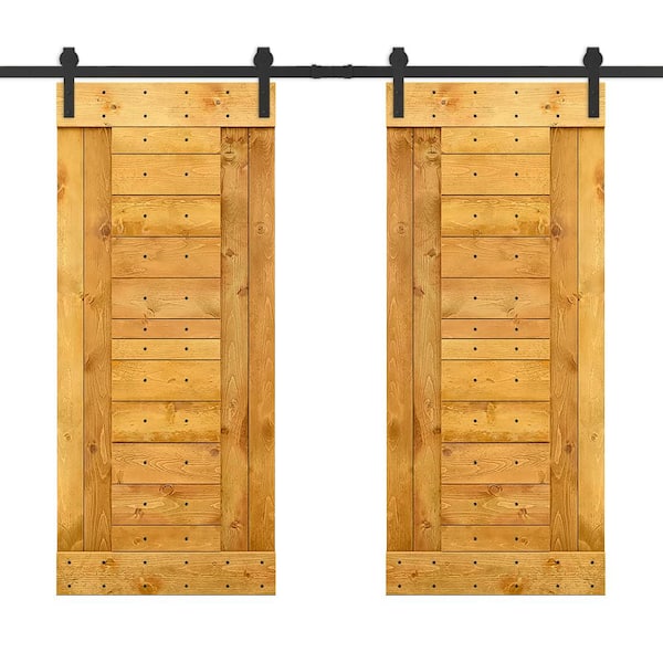 CALHOME 84 in. x 84 in. Colonial Maple Stained DIY Knotty Pine Wood Interior Double Sliding Barn Door with Hardware Kit