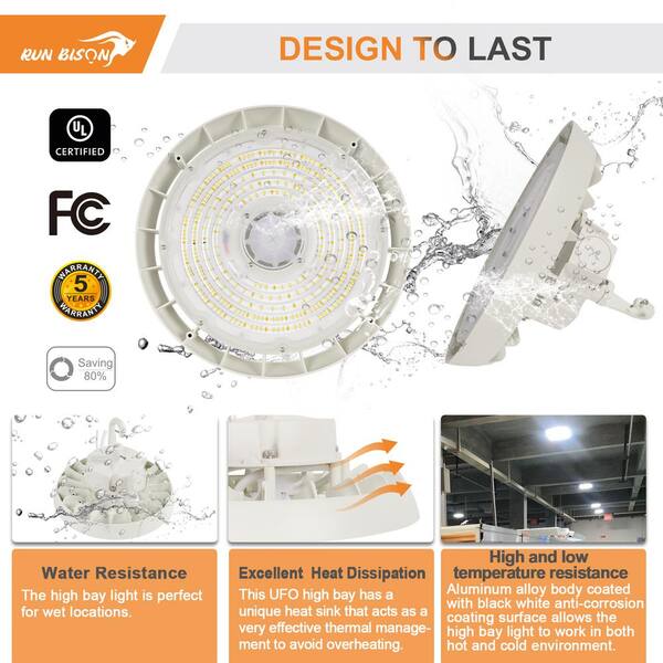 RUN BISON 10.4in. White 150W Integrated LED UFO High Bay Light Fixture, 4000K/5000K Up to 21000 Lumens, 0-10V Dimmable (4-PACK)