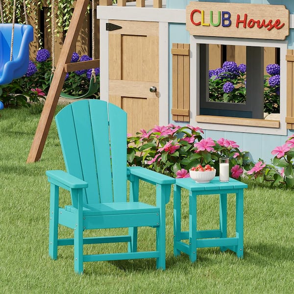 Children's Laguna Outdoor Patio All Weather Plastic Kids 2-Piece Adirondack Chair with Side Table in Turquoise