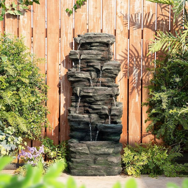 39.25 in. H 9-Tiered Cascading Rock Polyresin Outdoor Fountain with Pump and LED Light