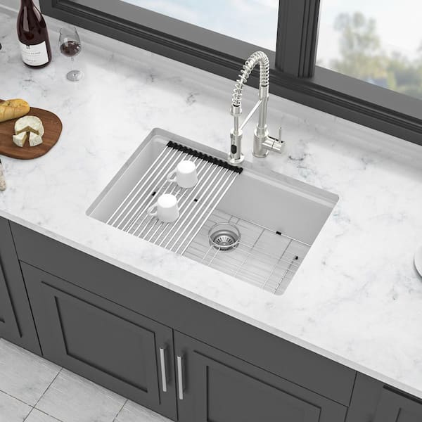 28 in. Undermount Single Bowl White Quartz Kitchen Sink with Bottom Grids, Drain Board