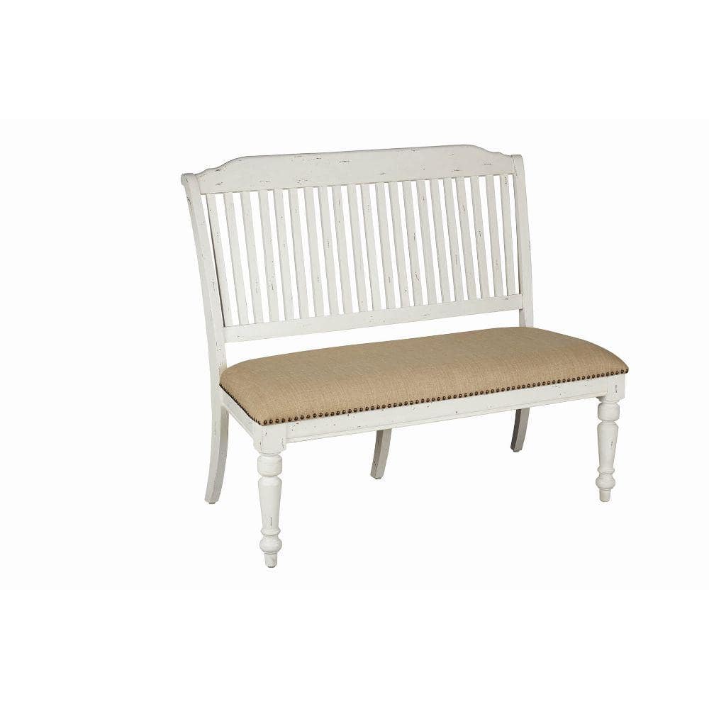 White Benjara Farmhouse Style Wooden Bench with Fabric Seat and Block Legs