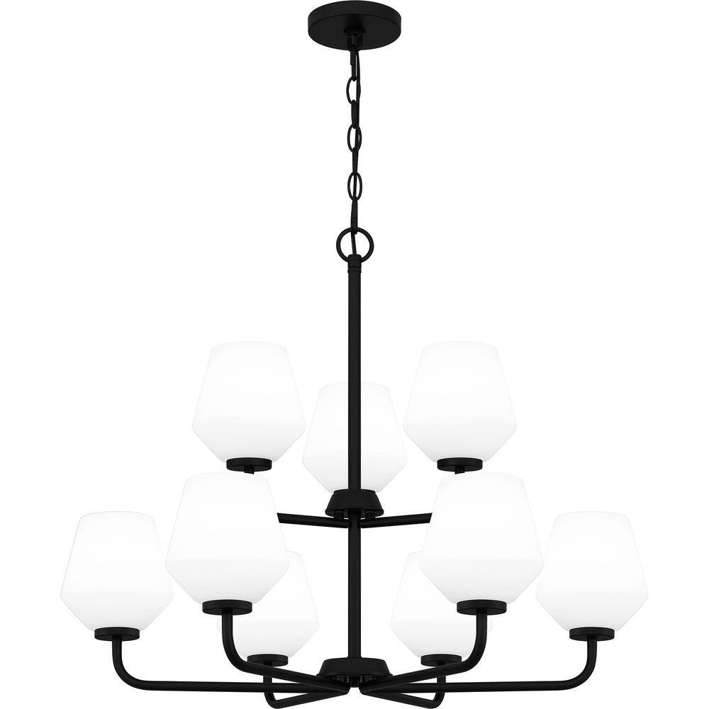 Matte Black 9-Light Chandelier with Opal Glass Shades