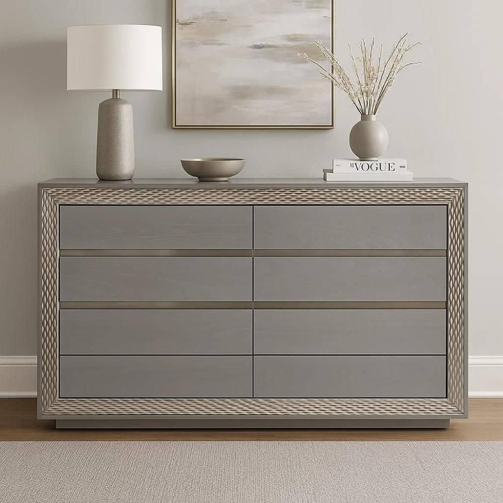Benjara Vino 6 Drawer Wide Dresser, Gray Solid Wood, Silver ing