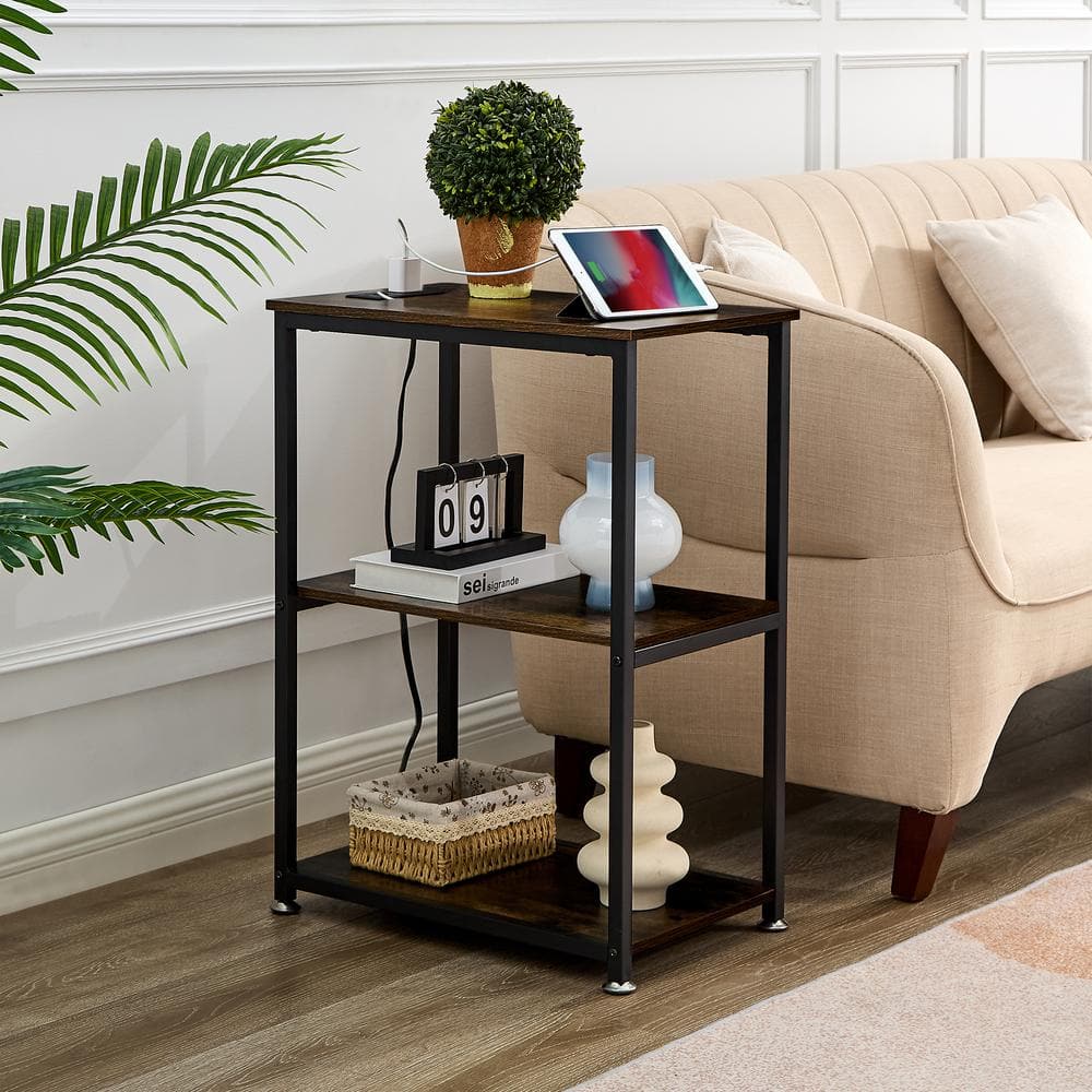 3-Tier Gray Side Table Stable Open Shelves with Metal Frames, End table with Plug Sockets and USB Ports - thumbnail 9