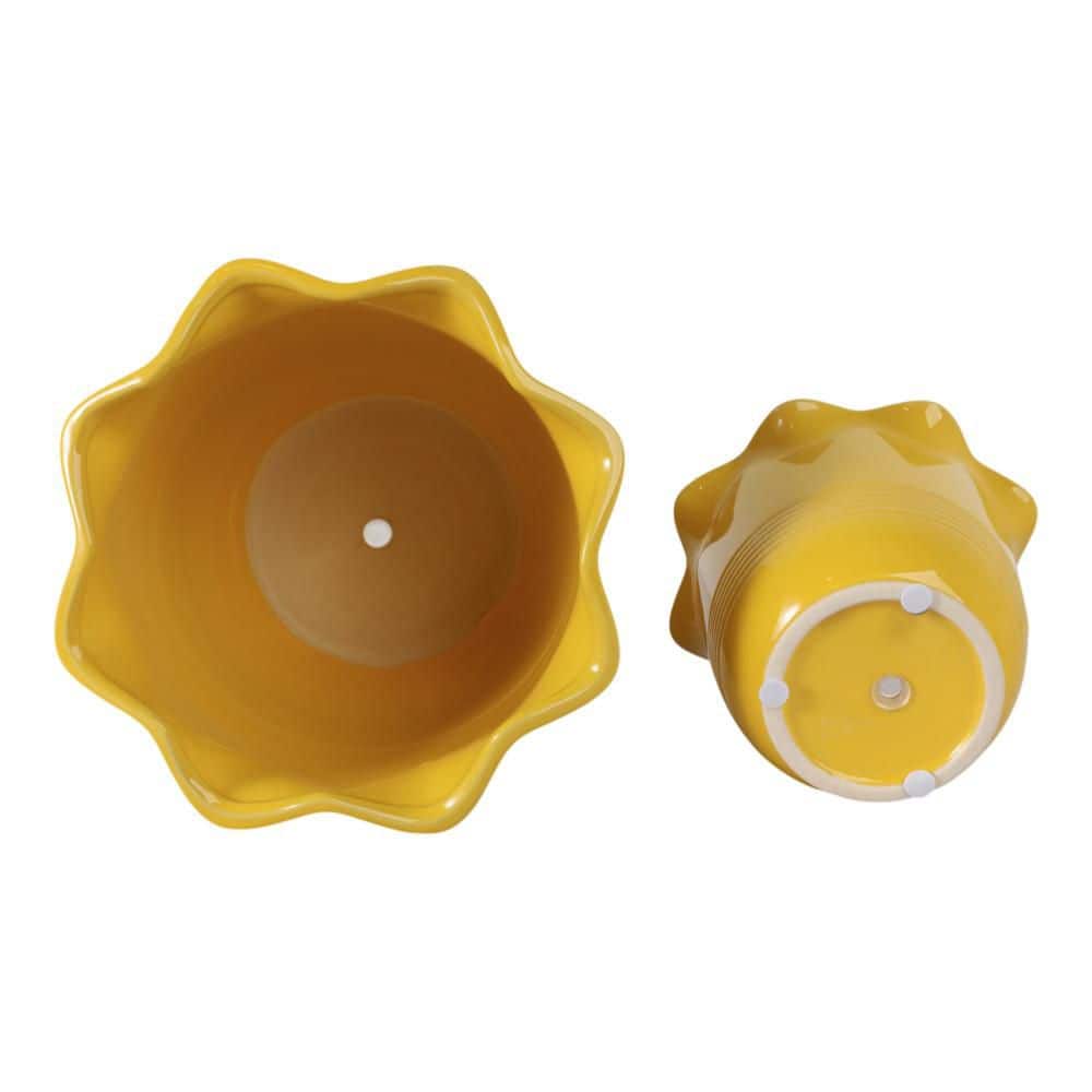 6 in. and 8 in. Yellow Ceramic Round Fluted Decorative Pots (Set of 2)