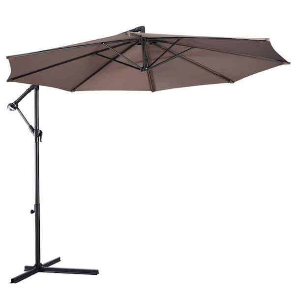 WELLFOR 10 ft. Steel Cantilever Tilt Patio Umbrella in Tan with Stand
