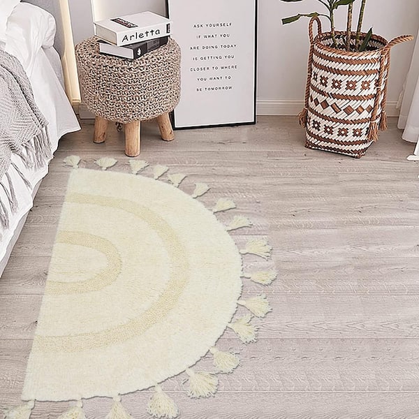 20 in. x 32 in. Beige Half Circle Cotton Bathmat with Tassels Hand-Woven  Bohemian Rugs with Rug Non-Slip Pad PUYG7S - The Home Depot