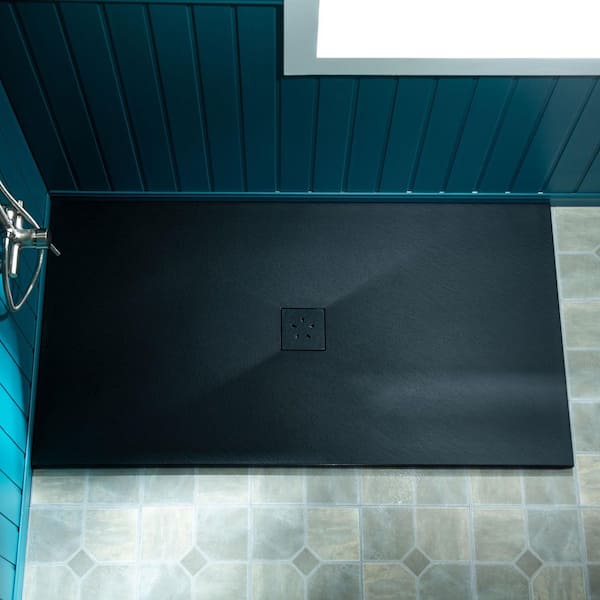 60 in. L x 36 in. W Alcove Shower Pan Base with Center Drain in Black